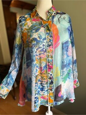 John Mark Multicolor Floral-Print Button Front Blouse Mix Print Boho M Statement
